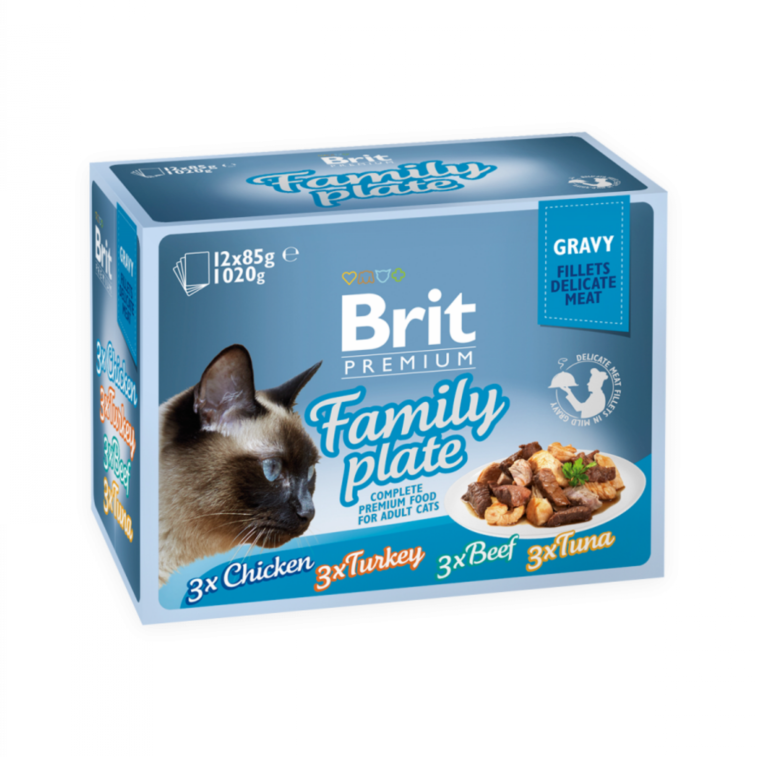 Brit premium gravy fillets delicate meat catdogs food family palate 3xchicken 3xturkey 3xbeef 3xtuna 12x85g 1500 1500 2